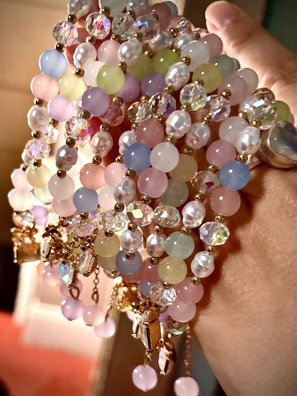 Pastel Beaded Multi-Strand Bracelet with Gold Accents!